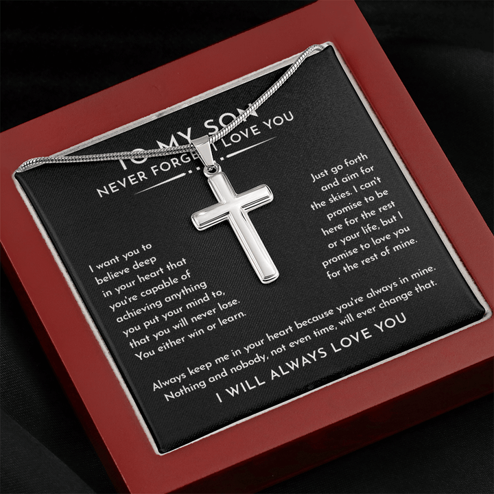 To My Son - Artisan Cross Necklace with Snake Chain - "Aim for the Skies" - The Love Sparkle