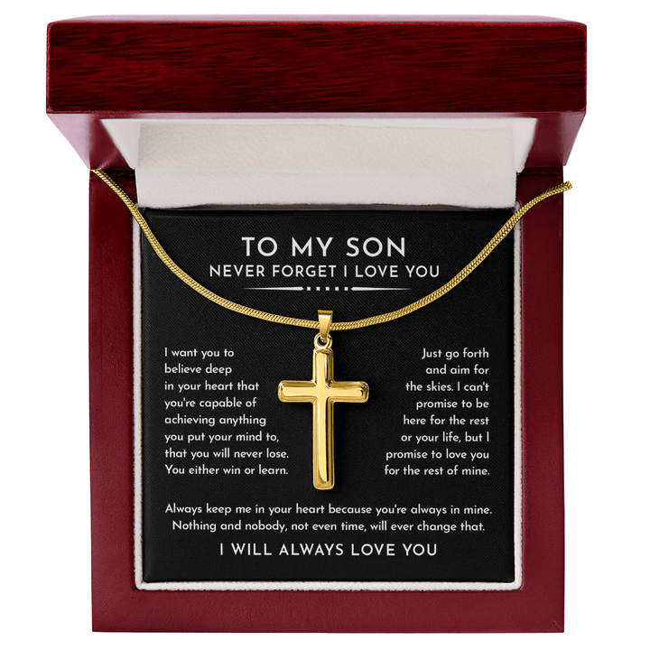To My Son - Artisan Cross Necklace with Snake Chain - "Aim for the Skies" - The Love Sparkle