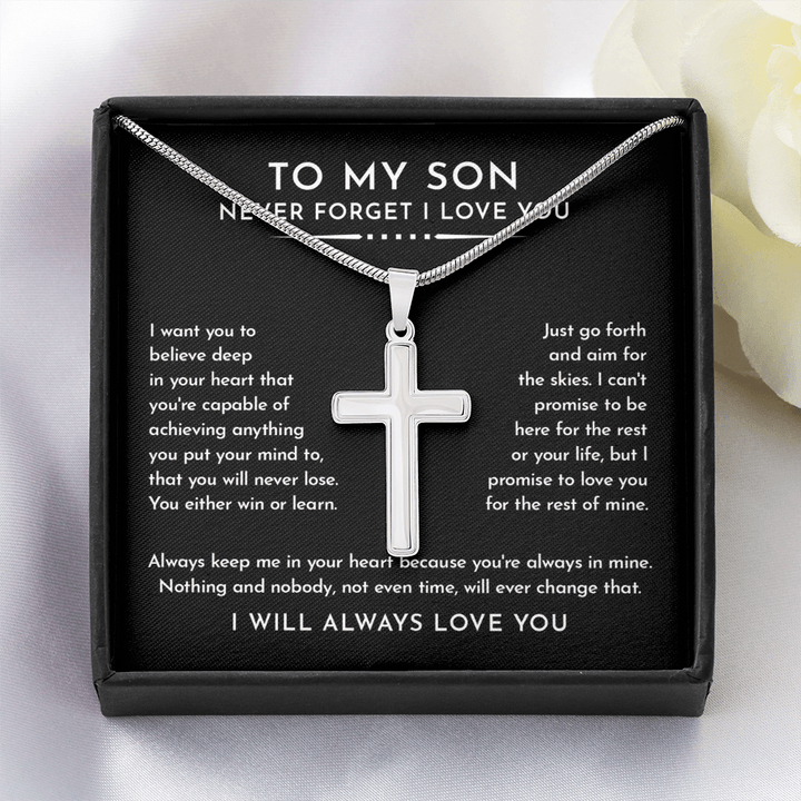To My Son - Artisan Cross Necklace with Snake Chain - "Aim for the Skies" - The Love Sparkle