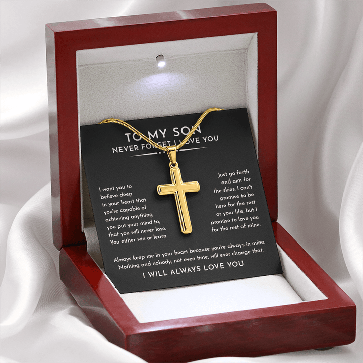 To My Son - Artisan Cross Necklace with Snake Chain - "Aim for the Skies" - The Love Sparkle