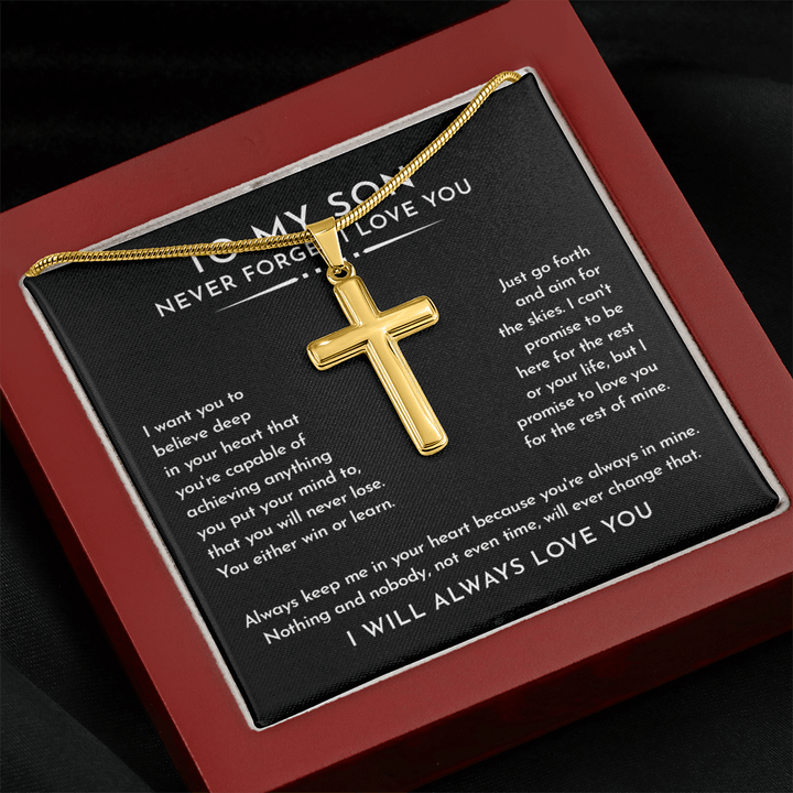 To My Son - Artisan Cross Necklace with Snake Chain - "Aim for the Skies" - The Love Sparkle