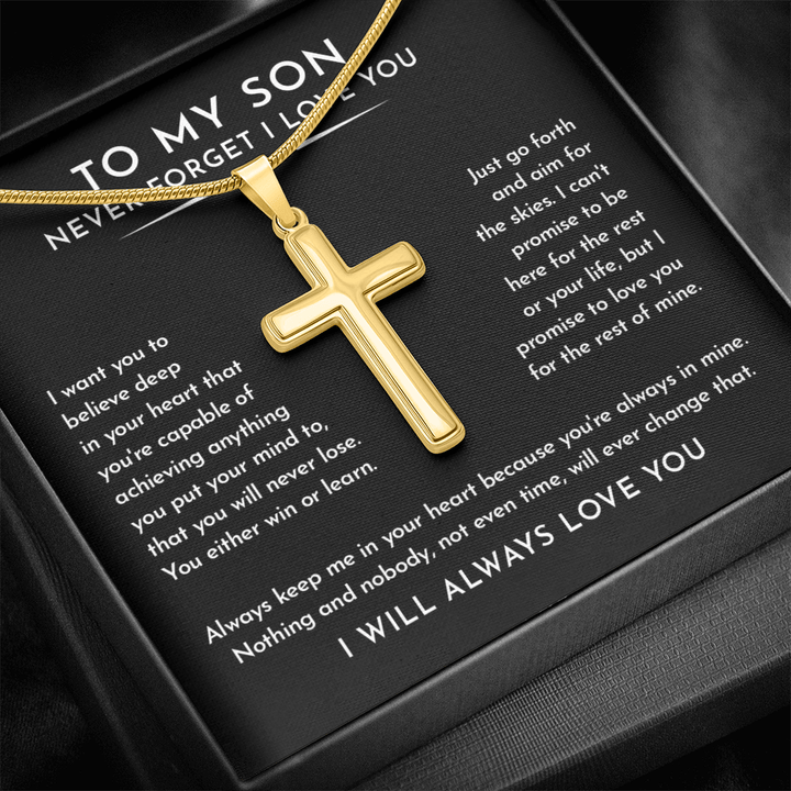 To My Son - Artisan Cross Necklace with Snake Chain - "Aim for the Skies" - The Love Sparkle