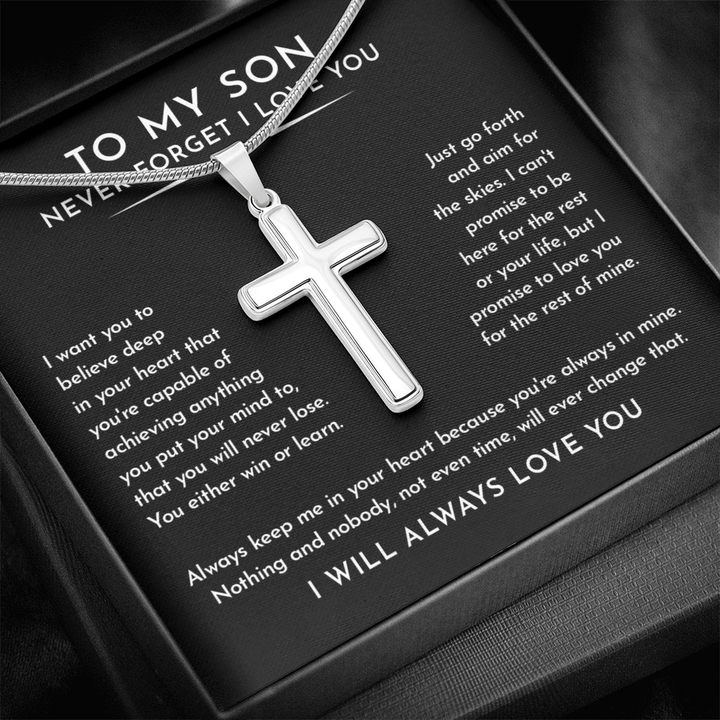 To My Son - Artisan Cross Necklace with Snake Chain - "Aim for the Skies" - The Love Sparkle