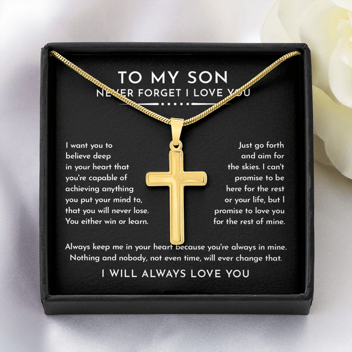 To My Son - Artisan Cross Necklace with Snake Chain - "Aim for the Skies" - The Love Sparkle