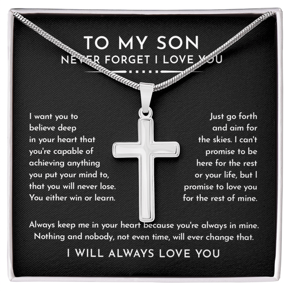 To My Son - Artisan Cross Necklace with Snake Chain - "Aim for the Skies" - The Love Sparkle