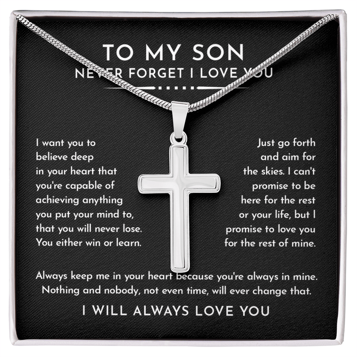 To My Son - Artisan Cross Necklace with Snake Chain - "Aim for the Skies" - The Love Sparkle