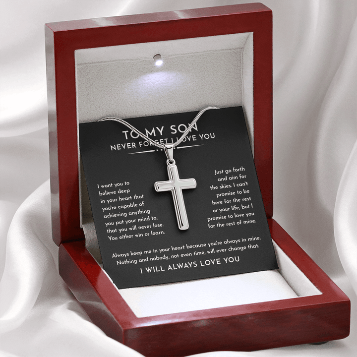 To My Son - Artisan Cross Necklace with Snake Chain - "Aim for the Skies" - The Love Sparkle