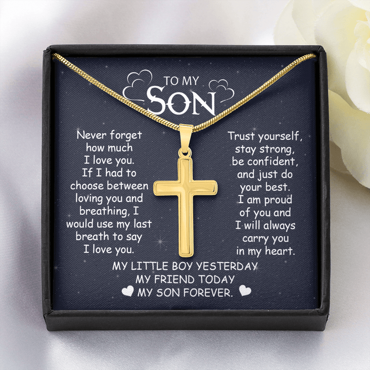 To My Son - Artisan Cross Necklace with Snake Chain - "My Little Boy Yesterday" Son Gift - The Love Sparkle