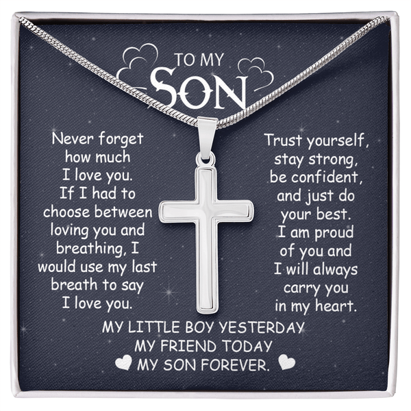 To My Son - Artisan Cross Necklace with Snake Chain - "My Little Boy Yesterday" Son Gift - The Love Sparkle