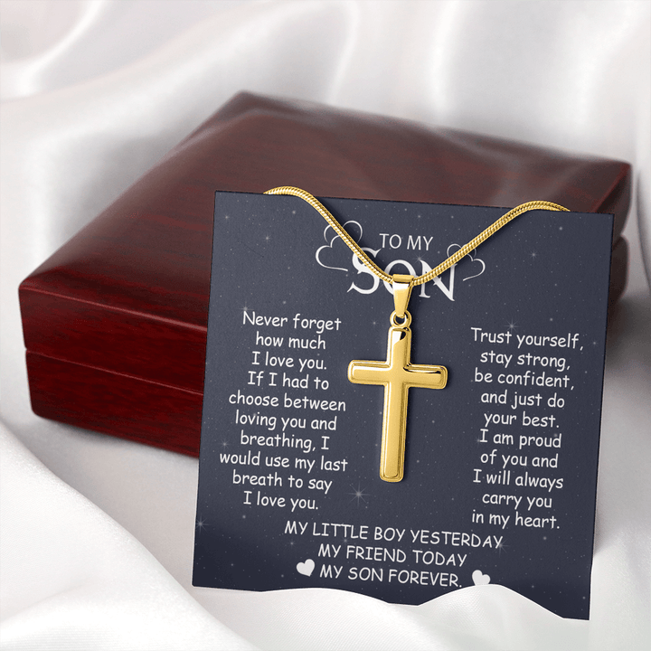 To My Son - Artisan Cross Necklace with Snake Chain - "My Little Boy Yesterday" Son Gift - The Love Sparkle