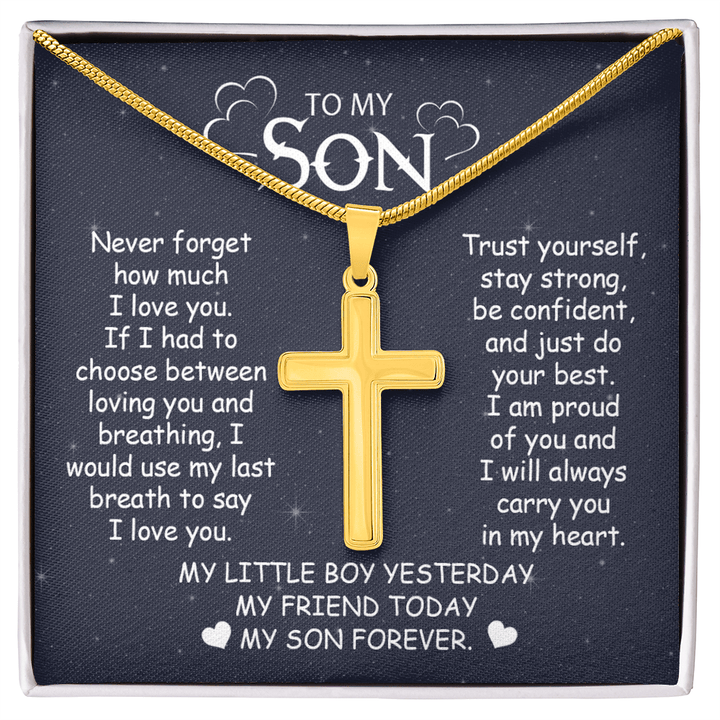 To My Son - Artisan Cross Necklace with Snake Chain - "My Little Boy Yesterday" Son Gift - The Love Sparkle