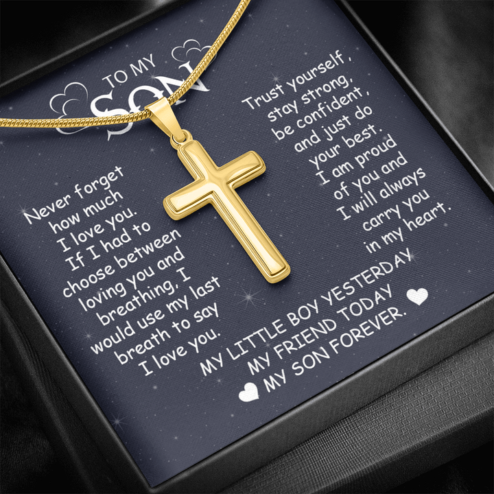 To My Son - Artisan Cross Necklace with Snake Chain - "My Little Boy Yesterday" Son Gift - The Love Sparkle