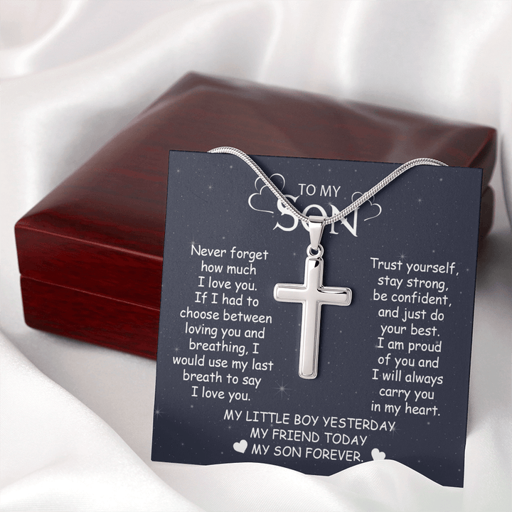 To My Son - Artisan Cross Necklace with Snake Chain - "My Little Boy Yesterday" Son Gift - The Love Sparkle