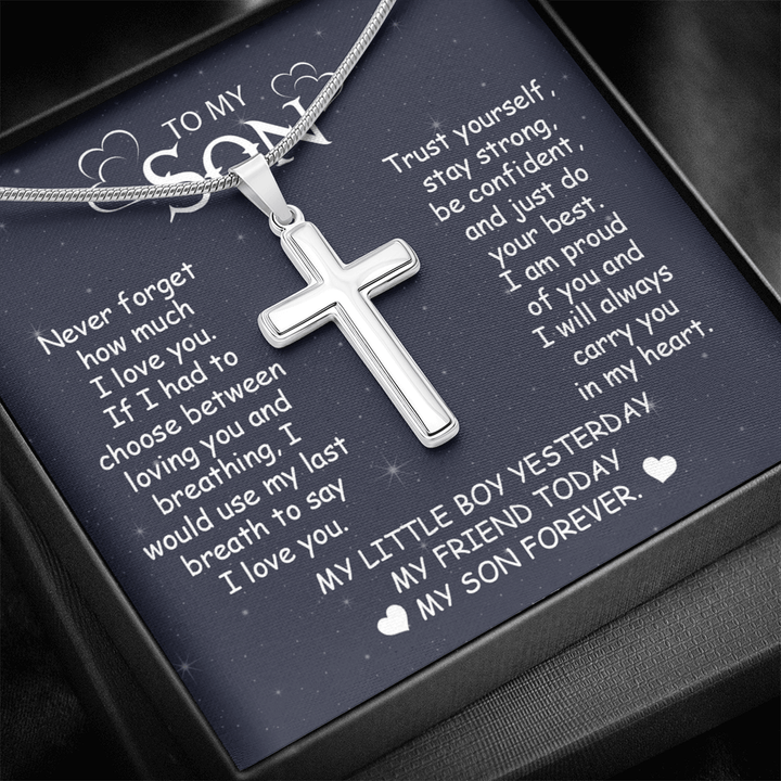 To My Son - Artisan Cross Necklace with Snake Chain - "My Little Boy Yesterday" Son Gift - The Love Sparkle