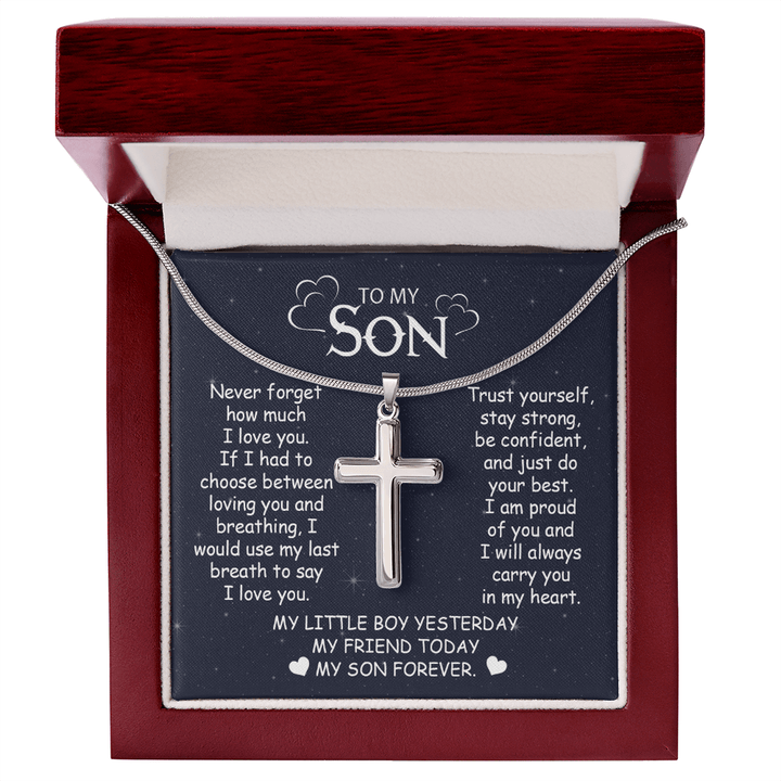 To My Son - Artisan Cross Necklace with Snake Chain - "My Little Boy Yesterday" Son Gift - The Love Sparkle