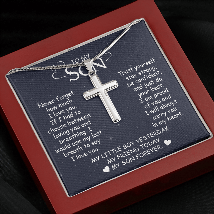To My Son - Artisan Cross Necklace with Snake Chain - "My Little Boy Yesterday" Son Gift - The Love Sparkle
