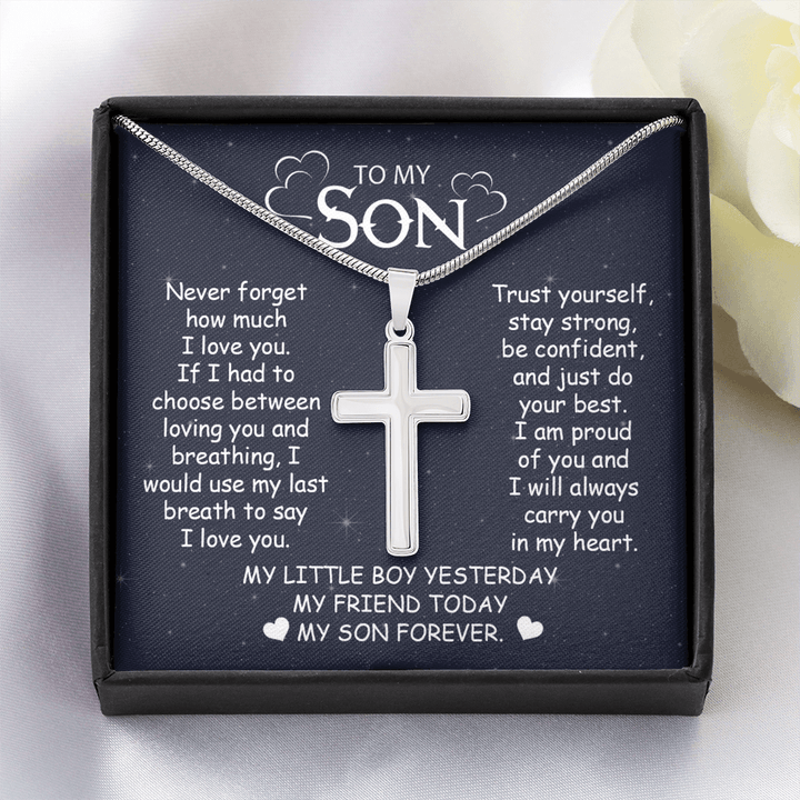To My Son - Artisan Cross Necklace with Snake Chain - "My Little Boy Yesterday" Son Gift - The Love Sparkle