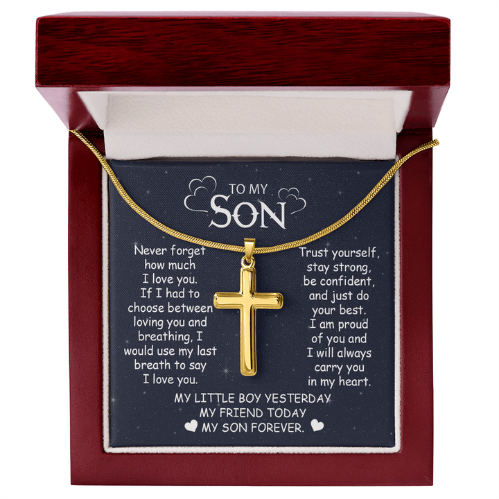To My Son - Artisan Cross Necklace with Snake Chain - "My Little Boy Yesterday" Son Gift - The Love Sparkle