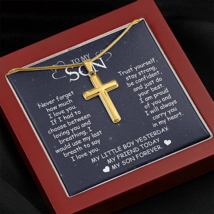 To My Son - Artisan Cross Necklace with Snake Chain - "My Little Boy Yesterday" Son Gift - The Love Sparkle