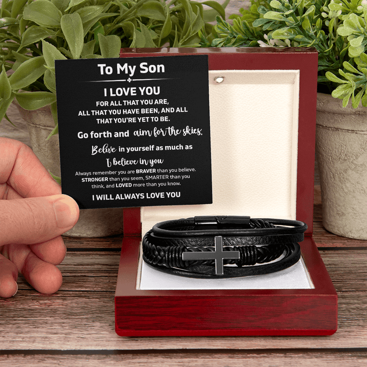 To My Son "Believe In Yourself" - Men's Cross Bracelet - "Aim For The Skies" - The Love Sparkle