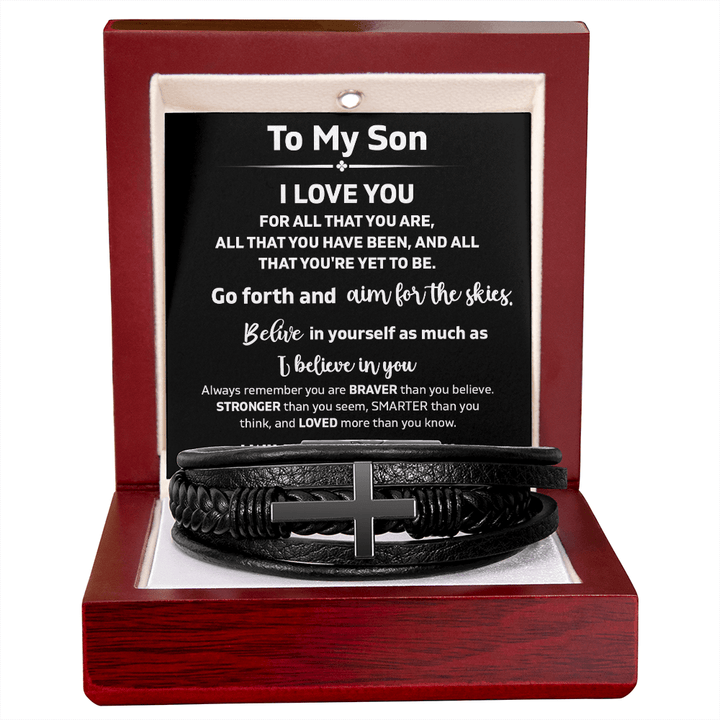 To My Son "Believe In Yourself" - Men's Cross Bracelet - "Aim For The Skies" - The Love Sparkle