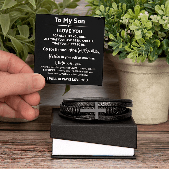 To My Son "Believe In Yourself" - Men's Cross Bracelet - "Aim For The Skies" - The Love Sparkle