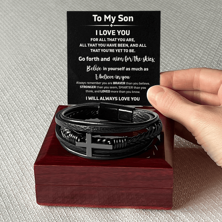 To My Son "Believe In Yourself" - Men's Cross Bracelet - "Aim For The Skies" - The Love Sparkle