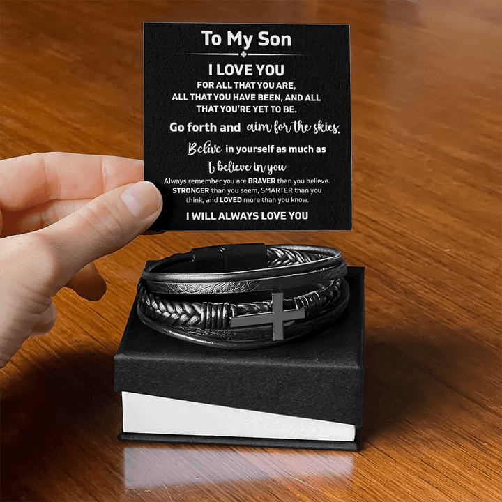 To My Son "Believe In Yourself" - Men's Cross Bracelet - "Aim For The Skies" - The Love Sparkle