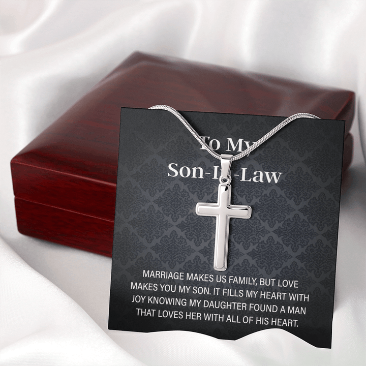 To My Son - in - Law Gift - Artisan Cross Necklace with Snake Chain - "Love Makes You My Son" - The Love Sparkle