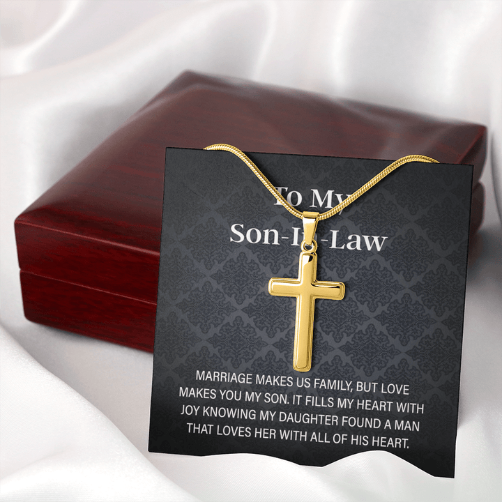 To My Son - in - Law Gift - Artisan Cross Necklace with Snake Chain - "Love Makes You My Son" - The Love Sparkle