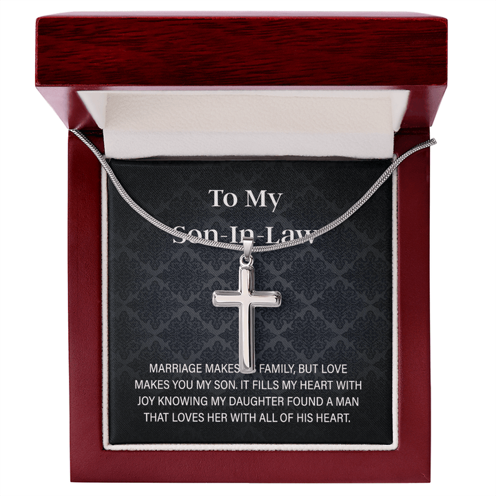 To My Son - in - Law Gift - Artisan Cross Necklace with Snake Chain - "Love Makes You My Son" - The Love Sparkle
