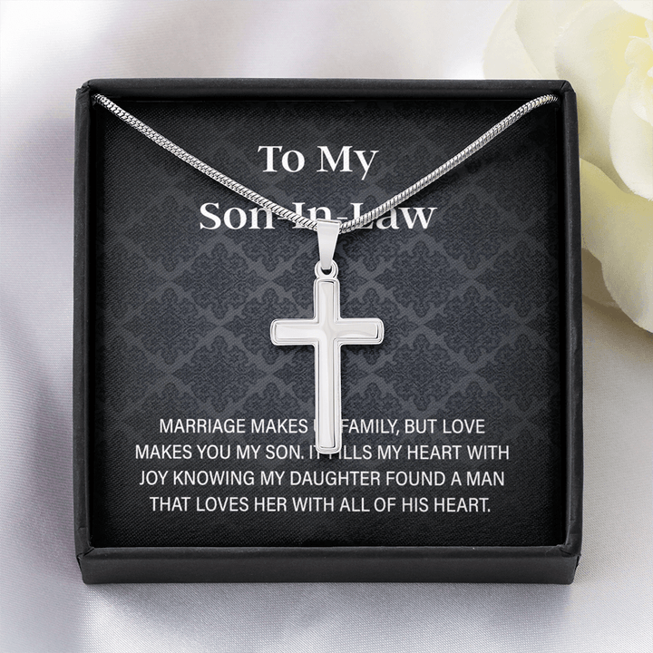 To My Son - in - Law Gift - Artisan Cross Necklace with Snake Chain - "Love Makes You My Son" - The Love Sparkle