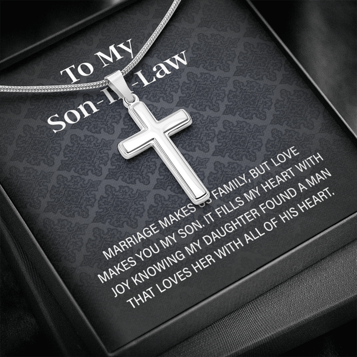 To My Son - in - Law Gift - Artisan Cross Necklace with Snake Chain - "Love Makes You My Son" - The Love Sparkle