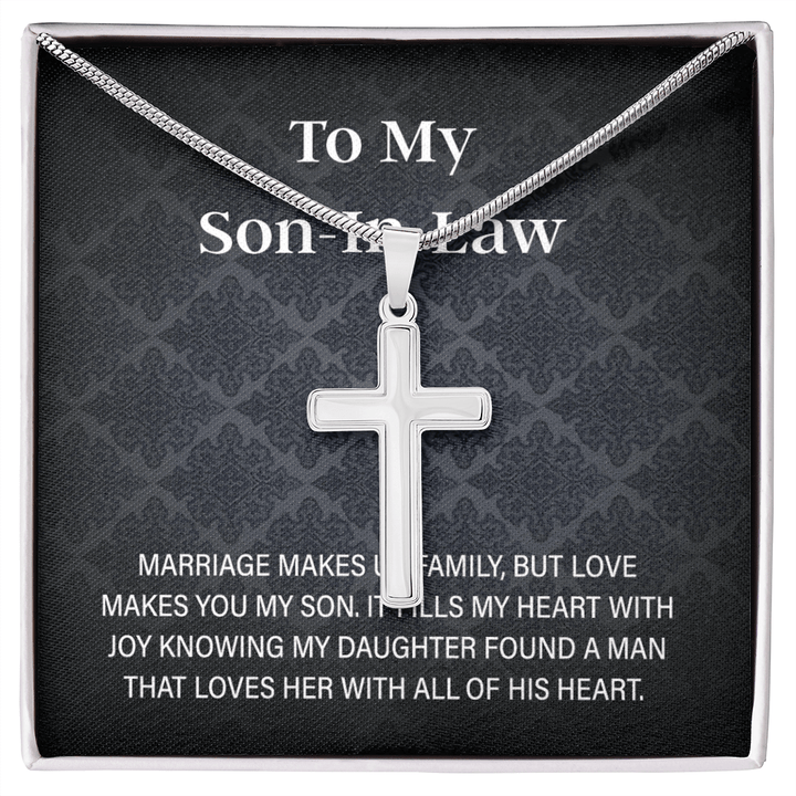 To My Son - in - Law Gift - Artisan Cross Necklace with Snake Chain - "Love Makes You My Son" - The Love Sparkle