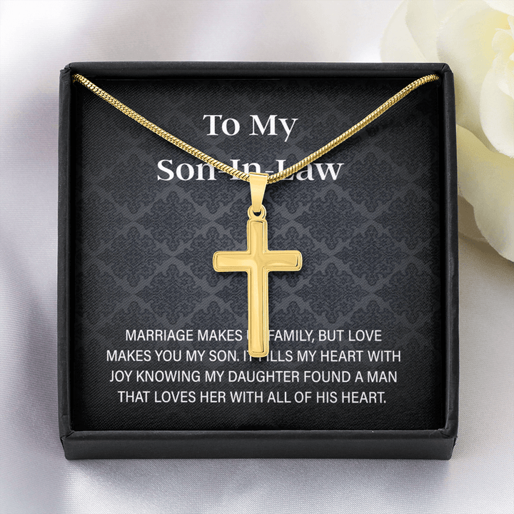 To My Son - in - Law Gift - Artisan Cross Necklace with Snake Chain - "Love Makes You My Son" - The Love Sparkle