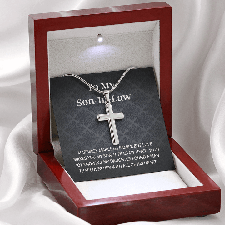 To My Son - in - Law Gift - Artisan Cross Necklace with Snake Chain - "Love Makes You My Son" - The Love Sparkle
