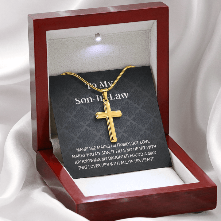 To My Son - in - Law Gift - Artisan Cross Necklace with Snake Chain - "Love Makes You My Son" - The Love Sparkle