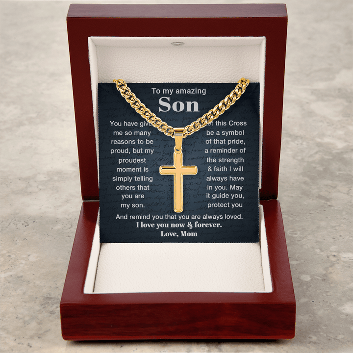 To My Son - Personalized Cross Necklace with Cuban Link Chain - The Love Sparkle