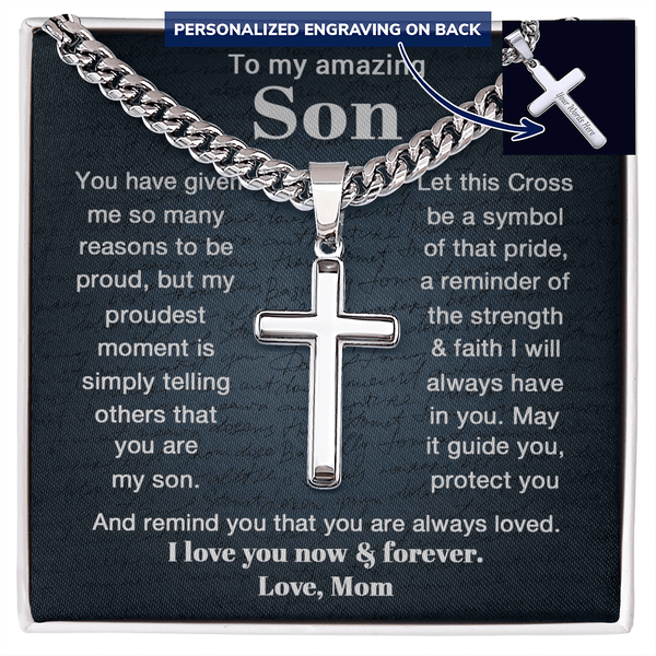 To My Son - Personalized Cross Necklace with Cuban Link Chain - The Love Sparkle