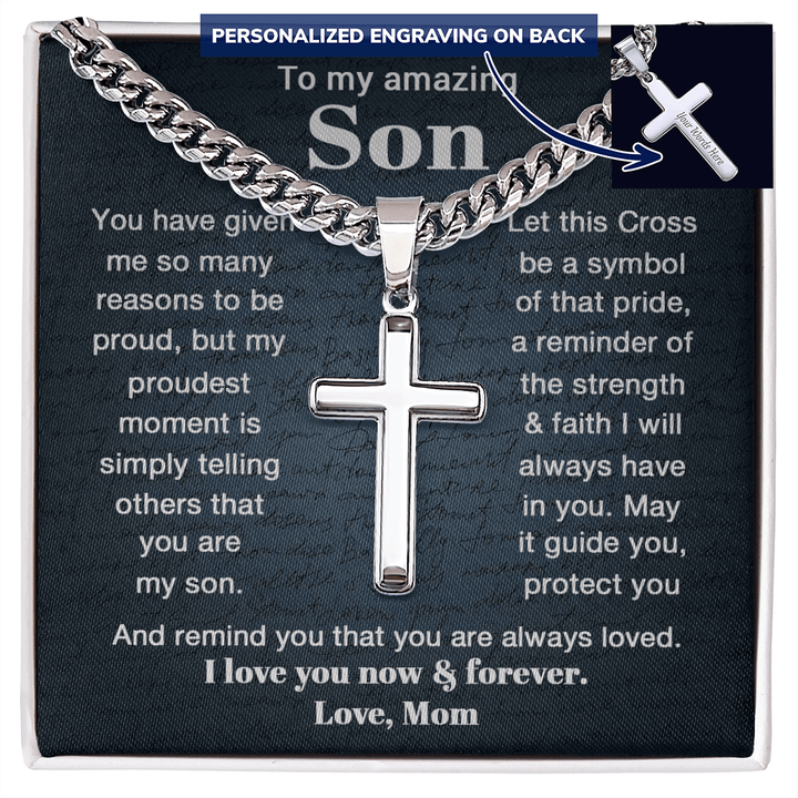 To My Son - Personalized Cross Necklace with Cuban Link Chain - The Love Sparkle