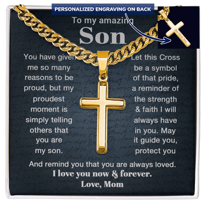 To My Son - Personalized Cross Necklace with Cuban Link Chain - The Love Sparkle
