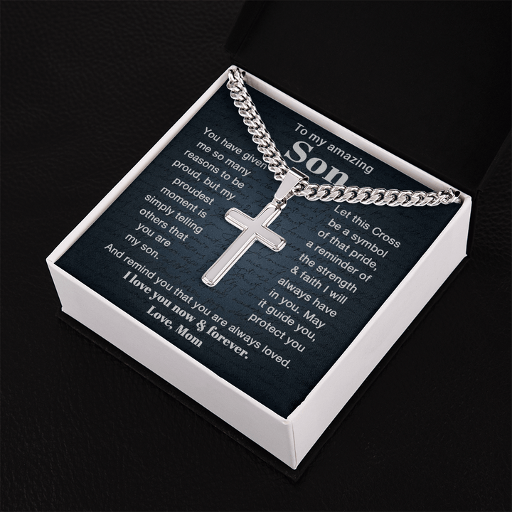 To My Son - Personalized Cross Necklace with Cuban Link Chain - The Love Sparkle