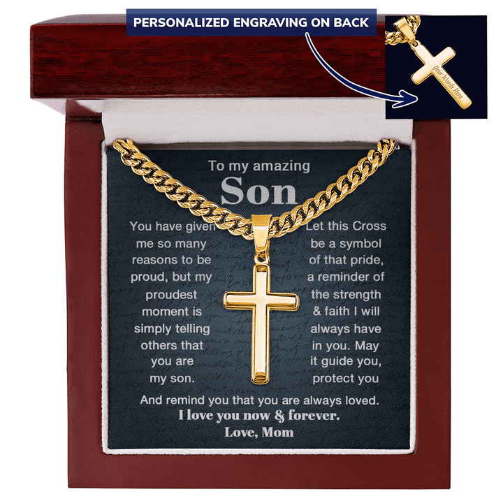 To My Son - Personalized Cross Necklace with Cuban Link Chain - The Love Sparkle
