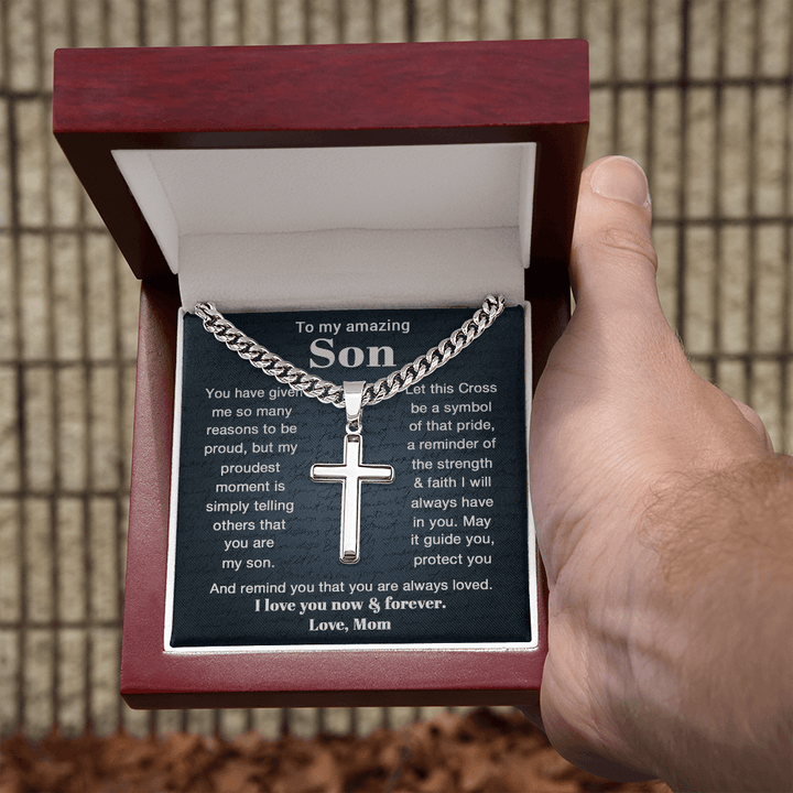 To My Son - Personalized Cross Necklace with Cuban Link Chain - The Love Sparkle