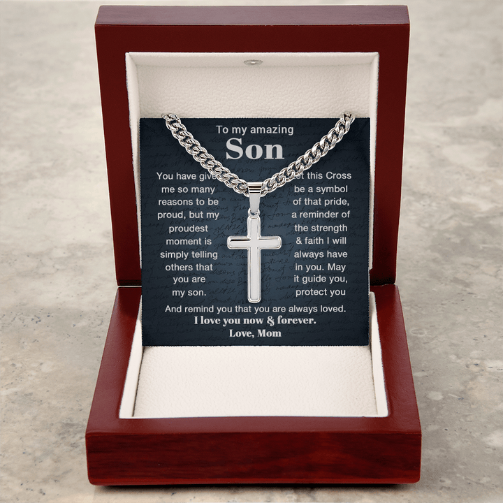 To My Son - Personalized Cross Necklace with Cuban Link Chain - The Love Sparkle