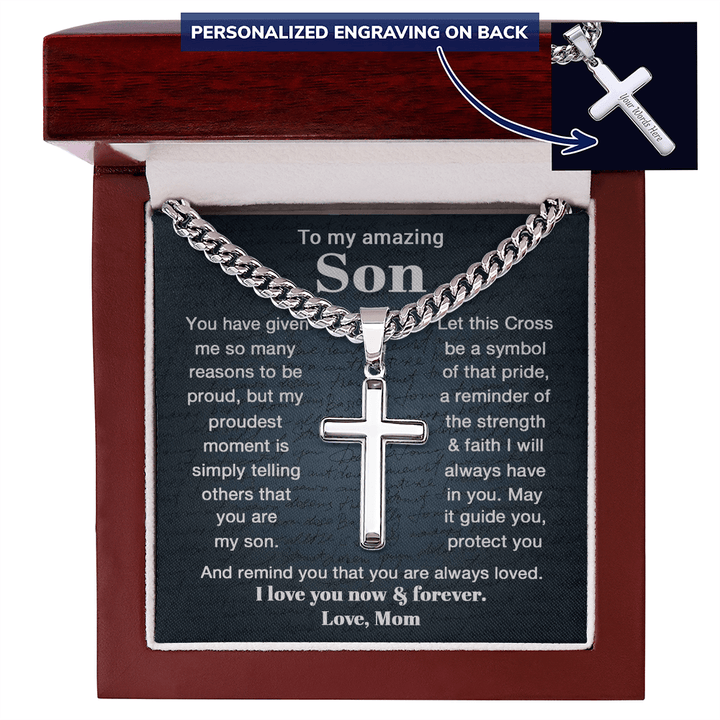 To My Son - Personalized Cross Necklace with Cuban Link Chain - The Love Sparkle