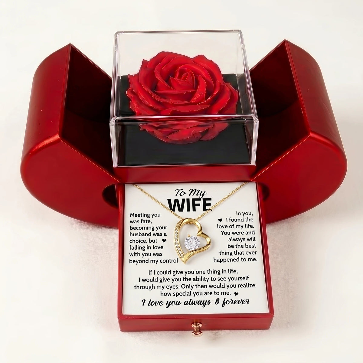 "To My Wife" Forever Love Necklace with Red Heart Rose Box – Anniversary, Birthday & Valentine's Gift for Her - The Love Sparkle
