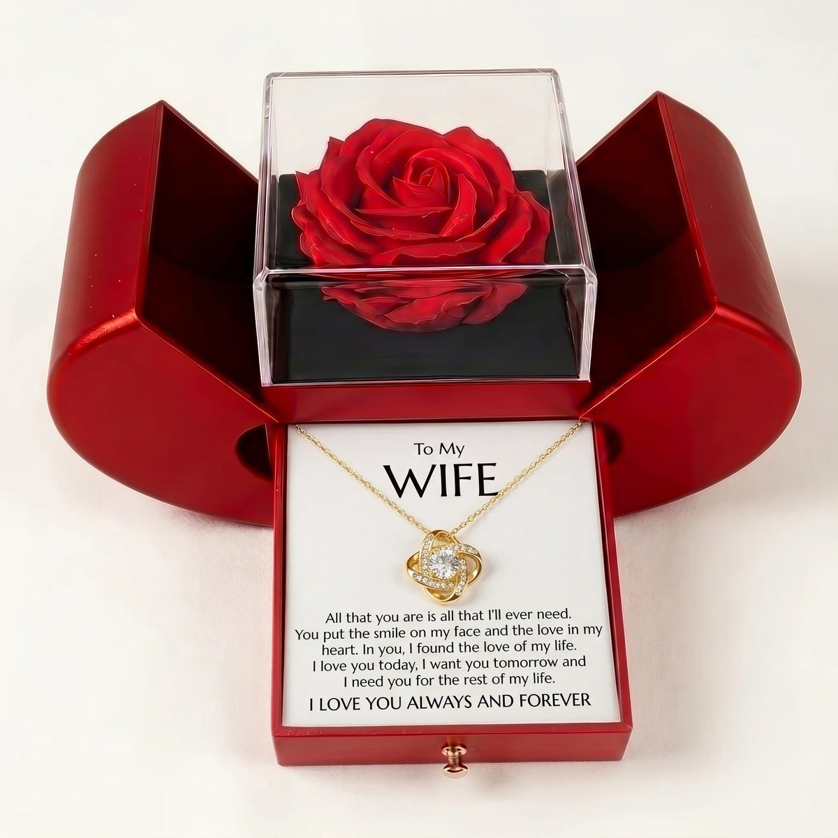 "You're the Love of My Life" Love Knot Necklace & Red Rose Box – Meaningful Gift for Wife - The Love Sparkle